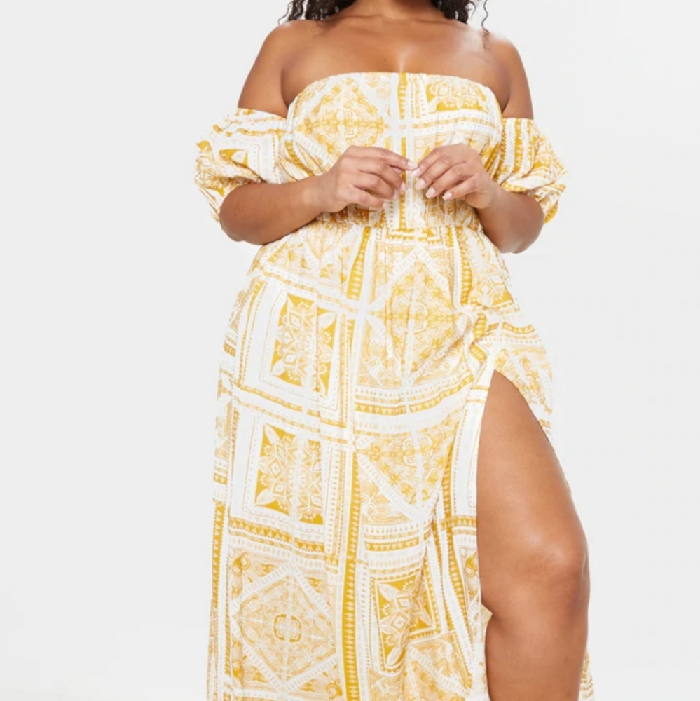 Plus Yellow Paisley Tile Print Bardot Maxi